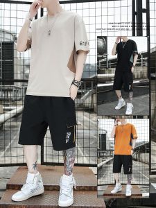 ROMON | Romon Mens Summer Thin Cotton Casual T-shirt Shorts Ice Silk Quick Dry Sportswear Two-Piece Set Breathable Lightweight Clothing