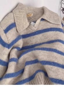 Niche Style Blue Stripes Polo Lapel Pullover Sweater Female Soft Glutinous Knitwear Fall and Winter New Arrival Lazy Short Tops
