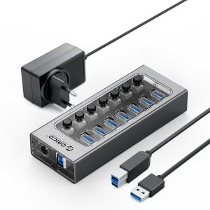 ORICO | ORICO USB3.0 Hub Aluminum Industrial 7-Port Splitter Split Switch with 12v Power Adapter for Macbook Mobile Phone Tablets