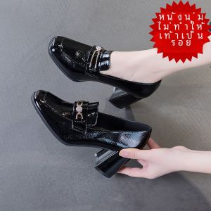 รองเท้าส้นสูงแบบสวมหนังแท้สไตล์อังกฤษสำหรับผู้หญิง สวมใส่สบาย หนังนิ่ม หัวรองเท้าทรงเหลี่ยม รองเท้าส้นหนา