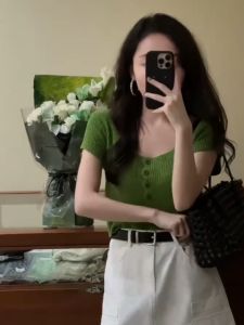 VKSOD | Korean Fashion Square Collar Short Sleeve Knitted Top Womens High Waist Slim A-Line Mini Skirt Two-Piece Set Summer 2025