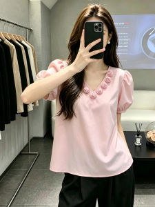 SHUAIYUE | Áo Thun Ôm Body Họa Tiết Hoa 3D Cổ Tim Tay Bồng Màu Hồng