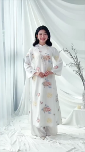 QC_  Áo dài truyền thống cách tân hoa thêu vintage áo dài thêu hoa pastel set áo dài mặc Tết Tơ in phủ thêu hoa cách điệu tua rua kèm quần dài
