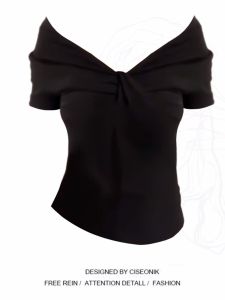 plus Size Knitted One Shoulder Top Womens Slim Fit Sweet And Spicy Two-Way Wear Summer French Style Bone Exposure T-Shirt