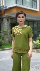 ĐỒ BỘ CHO MẸ MẶC NHÀ TRUNG NIÊN BỘ ĐŨI TRUNG NIÊN NỮ THÊU HOA QUẦN 9 TẤC ỐNG RỘNG CAO CẤP