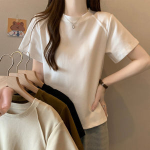 White Shoulder Pad Womens T-shirt Short Sleeve Loose Fit Summer New Style Korean round Neck Cotton Blend Fashion Top
