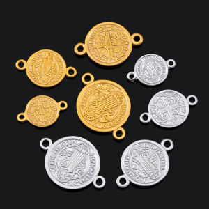 5pcs Stainless Steel Double Hole Embossed Round Pendant for DIY Necklace Bracelet Connector Religious Jewelry Making