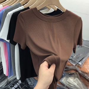 Summer 2025 Womens Slim Fit round Neck Short Sleeve T-Shirt Pure Color Base Shirt Versatile Inner Wear Casual Fashion Top