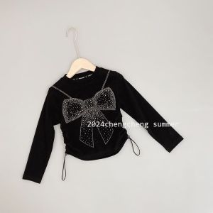 Spring Short Style Long Sleeve Girls Base Shirt Butterfly Knot Drawstring Bottom Shirt Korean Version Versatile Sweet Style