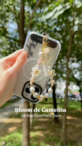 GALADO Bloom De Camellia 18K Gold Plated Phone Charm Phone Chain With Pearl And Feather