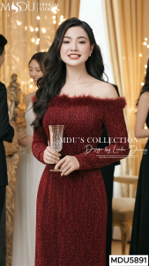 Áo Dài Thiết Kế MDU5891 Nhũ Kim Sa Đỏ Rượu Vang Trễ Vai Phối Lông Sang Trọng
