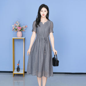 MAIMEI | Elegant Ice Silk Cotton Linen Dress Womens Mini Summer Luxury High-End Feeling Goddess Style A-Line Skirt V-Neck Midi Dress