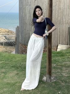 Quần Ống Rộng Vải Lanh Trắng Xếp Ly Cạp Cao Mùa Hè Cho Nữ Quần Dài Ống Rộng Dáng Rộng Thoải Mái Phong Cách Thường Ngày