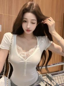 GUZILIAN | Spicy Girl Style Lace Patchwork Short Sleeve T-Shirt Women Summer Design Sensual Top V-neck Slim Fit Korean Version Fake Two-Piece