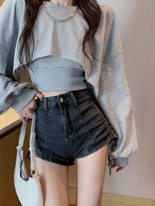 Bộ Đồ Hai Mảnh Rộng Rãi Thời Trang Xuân Thu Cho Nữ Áo Hoodie Hở Vai Gợi Cảm Quần Áo Công Sở Thường Ngày Bằng PU