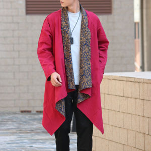 Chinese Style Double-Sided Floral Print Cotton Linen Mens Cardigan Long Sleeve Vintage Fashion Outerwear Ethnic National Costume