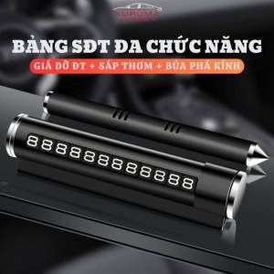 Bảng số điện thoại ô tô đa năng đặt trên taplo hiển thị sđt+giá đỡ điện thoại+sáp thơm+búa phá kính