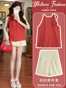 Maternity Set 2025 New Design Neck Hanging Belted Sleeveless Sweet Top Shorts Thin Two-Piece Summer Cotton Blend round Neck Pure Color