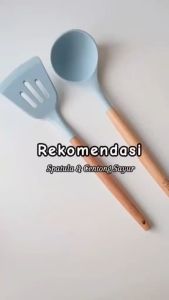 Sutil Silikon Tahan Panas Gagang Kayu/ Centong Sayur Sop Silikon/ Sendok Sayur Gagang Kayu