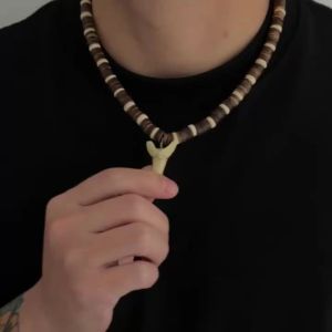 KunJoe Vintage Coconut Husk Beaded Choker Clavicle Chain for Men Punk Shark Tooth Pendant Necklace 2026 Trendy Male Neck Jewelry