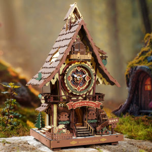 Robotime ROKR Colorful Cuckoo Clock Mechanical 3D Wooden Puzzle Forest Style with Working Bird DIY for Adult Kids Xmas Gift Toys