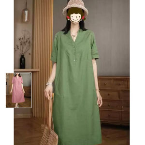 Artistic Pure Color Cotton Linen Breathable Short Sleeve Dress Large Size Women Fashion V Neck Casual mid Length Skirt