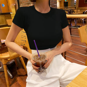 Slim Fit round Neck Short Sleeve T-Shirt Womens Pure Black White Elastic Waist Control Base Shirt Summer New Style Korean Version