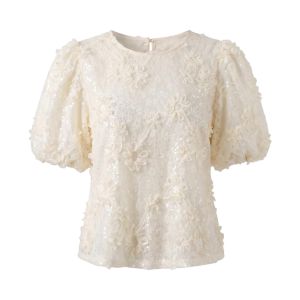 PAIBOLI | Lace French Puff Sleeves Womens Shirt 3D Floral Embellished Light Apricot