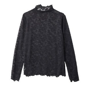 เสื้อเชิ้ตคอปกสูงครึ่งตัวสไตล์ลำลองสำหรับผู้หญิงในฤดูใบไม้ร่วงและฤดูหนาวปี 2024 เสื้อเชิ้ตคอวีลูกไม้โปร่งใสแบบสวมหัวสไตล์เกาหลี