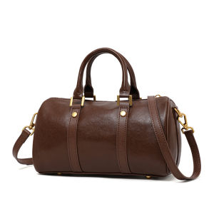 Aidrani | Genuine Cowhide Leather Women Barrel Bag Mini Top Handle Bag with Gold Hardware Portable Crossbody Purse for Travel