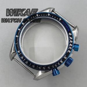 39.8mm Silver Chronograph Soild Watch Case With Blue Flat Aluminium Bezel Fit For VK63 Quartz Movement Watch Accessory