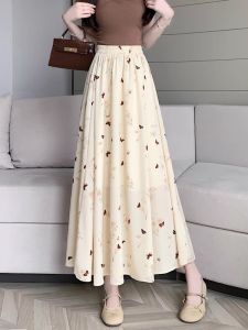 WANGGONGZHU | High Waist A-Line Midi Skirt Womens Summer 2025 New Style Elegant Wide Hem Long Skirt Loose Fashion Floral Print Chiffon