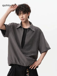 QOTRIOCK | Loose and Comfy Two-piece Look Striped Short Sleeve Shirt
