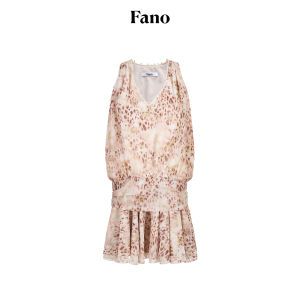 Fano | Đầm A-Line In Đốm Báo Cổ V Phong Cách Thư thái