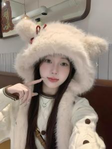 Stuffed Hat Womens Fall and Winter Cute Face-Looking Small Cold-Proof Heattech Student Outdoor Stuffed Hat Scarf Integrated