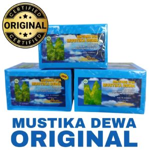 Original Mustika Dewa Bintang Dua Herbal Tea - Blue packaging with green leaves and sky design - 10 sachets per box - Suitable for relaxation and wellness - Displayed on cardboard surface