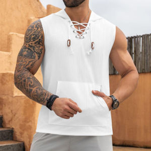 Summer 2024 Mens Loose Fit Hooded T-Shirt with Drawstrings Sleeveless Solid Color Vest Casual Wear Thin Customizable DIY