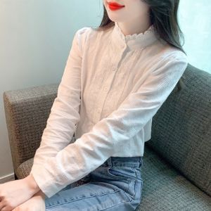 Loose Fit Pure Cotton Long Sleeve Shirt Stand Collar Wooden Edge Trim Womens Fashionable Casual Shirt Autumn Season Top
