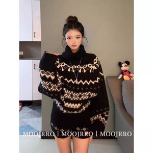 American Style High Collar Long Sleeve Sweater Womens Autumn Winter Thickened Slim Loose Knitted Casual Lazy Top