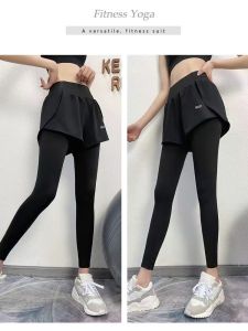 กางเกงโยคะเอวสูง 2 ชิ้นปลอม แห้งเร็ว ออกกำลังกาย กระชับสัดส่วน กางเกงขายาว ฤดูใบไม้ผลิและฤดูใบไม้ร่วง สำหรับผู้หญิง