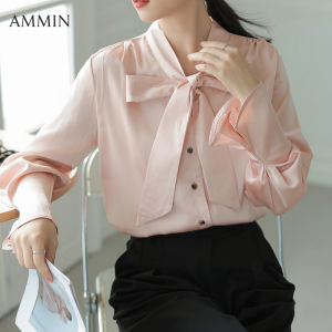 Ammin mùa thu 2023 mới Pháp cổ chữ V cổ điển với NƠ REN khí chất Streamer dài tay đi lại áo voan phụ nữ phong cách Hàn Quốc ngọt ngào Braid Bow xếp li Cuff Thiết kế áo blouse thanh lịch