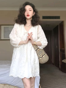White Lace Half Sleeve Dress Summer New Loose Doll Skirt Vacation Slimming High Waist A-Line Korean Style Pure Color Commute