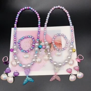 Kids 5Pcs Mermaid Pearl Shell Jewelry Set Necklace Earrings Ring Bracelet Princess Girls Accessory