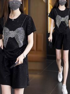 Fashionable Butterfly Knot Splice Outfit Womens Heavy Work Rhinestone Short Sleeve round Neck Two-Piece Set Casual Sportswear