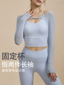 New Arrival with Chest Pad Yoga Clothing Top Female Fake Two-Piece Mesh Breathable Outwear Running Sports Fitness Tight Long Sleeves