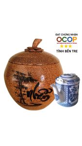 Bình ủ trà gỗ dừa cao cấp khắc chữ Nhẫn / Tùy chọn bình trà 05 - 08 - 13 - 20 lít / Hàng đạt OCOP 3 sao tỉnh Bến Tre năm 2023 / Giữ ấm 3 - 5 giờ / Xưởng sản xuất thủ công
