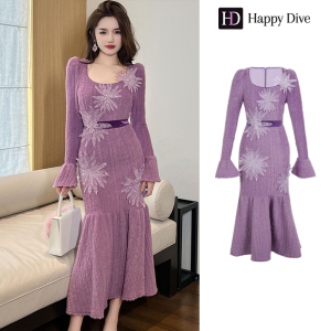 Happy Diva เดรสผู้หญิง เดรสสีม่วง เดรสแขนบาน เดรสหางปลา เดรสผ้าถัก เดรสไฮโซ เดรสวินเทจ เดรสออกงาน เดรสปาร์ตี้ เดรสฝรั่งเศส 21003