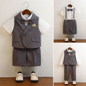 lontakids Boys Grey Striped Suit for Kids Tuxedo Suits Wedding Formal Suit Set Toddler Dress Outfit with Shirt and Bow Tie
