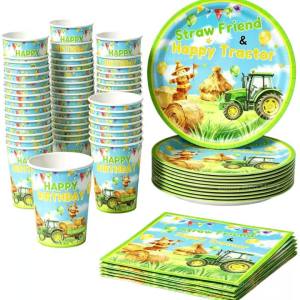 Hasbro | 60Pcs Farm Tractor Kids Birthday Disposable Tableware Set Paper Plates Cups Napkins Strawman Themed Boys Farm Party Supplies
