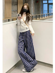 High Waist Wide Leg Blue Plaid Pants Womens Casual Design Autumn Floor-Length Trousers Ladies Premium Denim Spring Summer